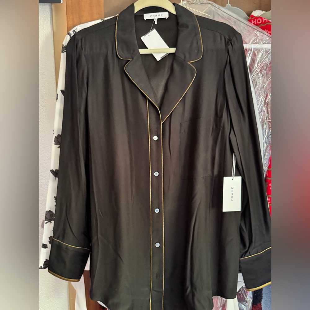 Frame Denim Black Silk-Blend Button-Up Blouse with Gold Piping